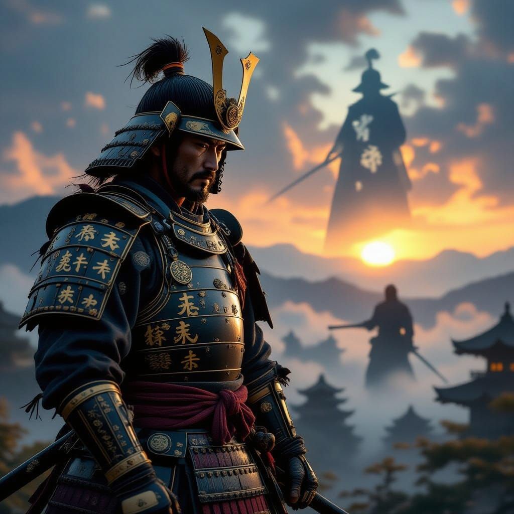 Samurai Warrior in Misty Japanese Landscape