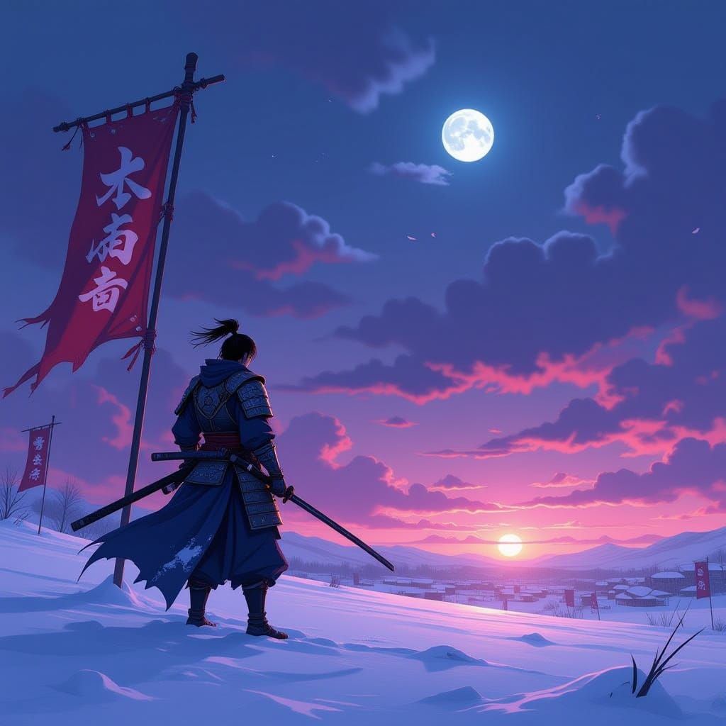 Lone Samurai on Snowy Battlefield at Dusk