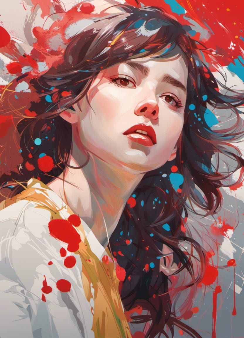 Golden Woman Portrait with Abstract Paint Drips