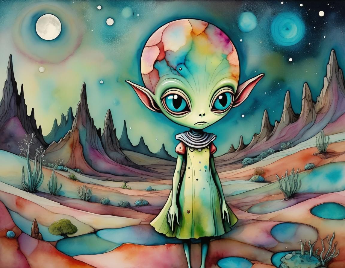 Beautiful Alien on Moonscape in Cel-Shaded Style