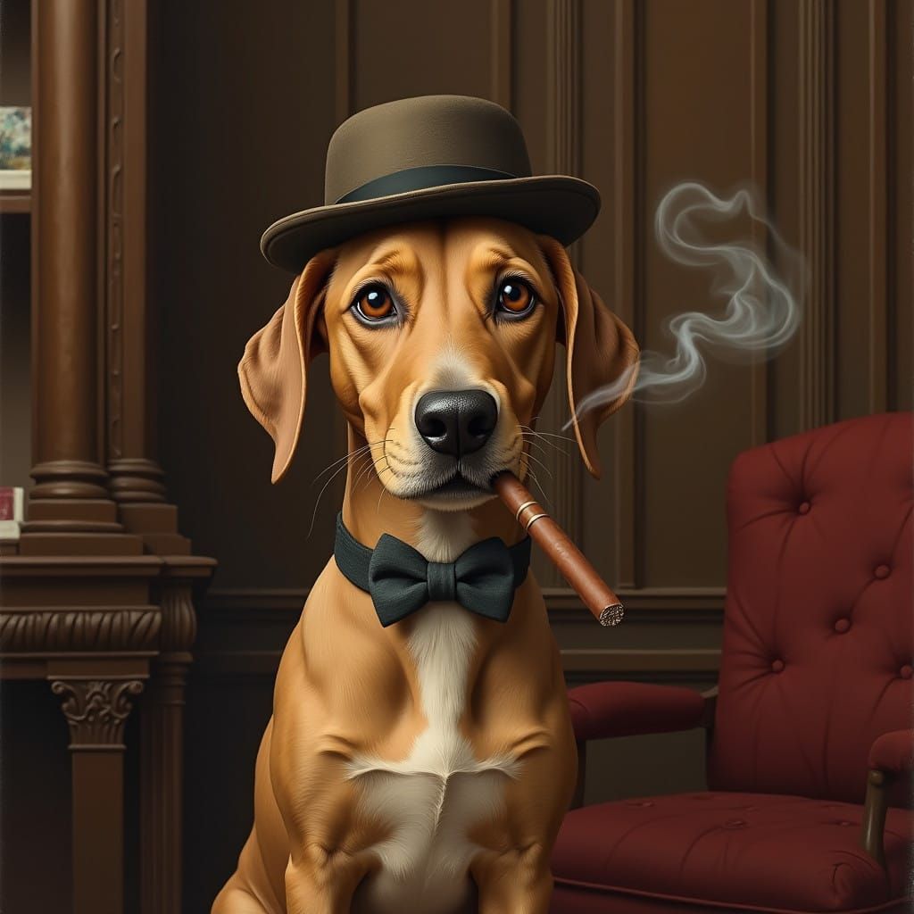 Refined Dog Puffs on Cigar in Luxurious Study