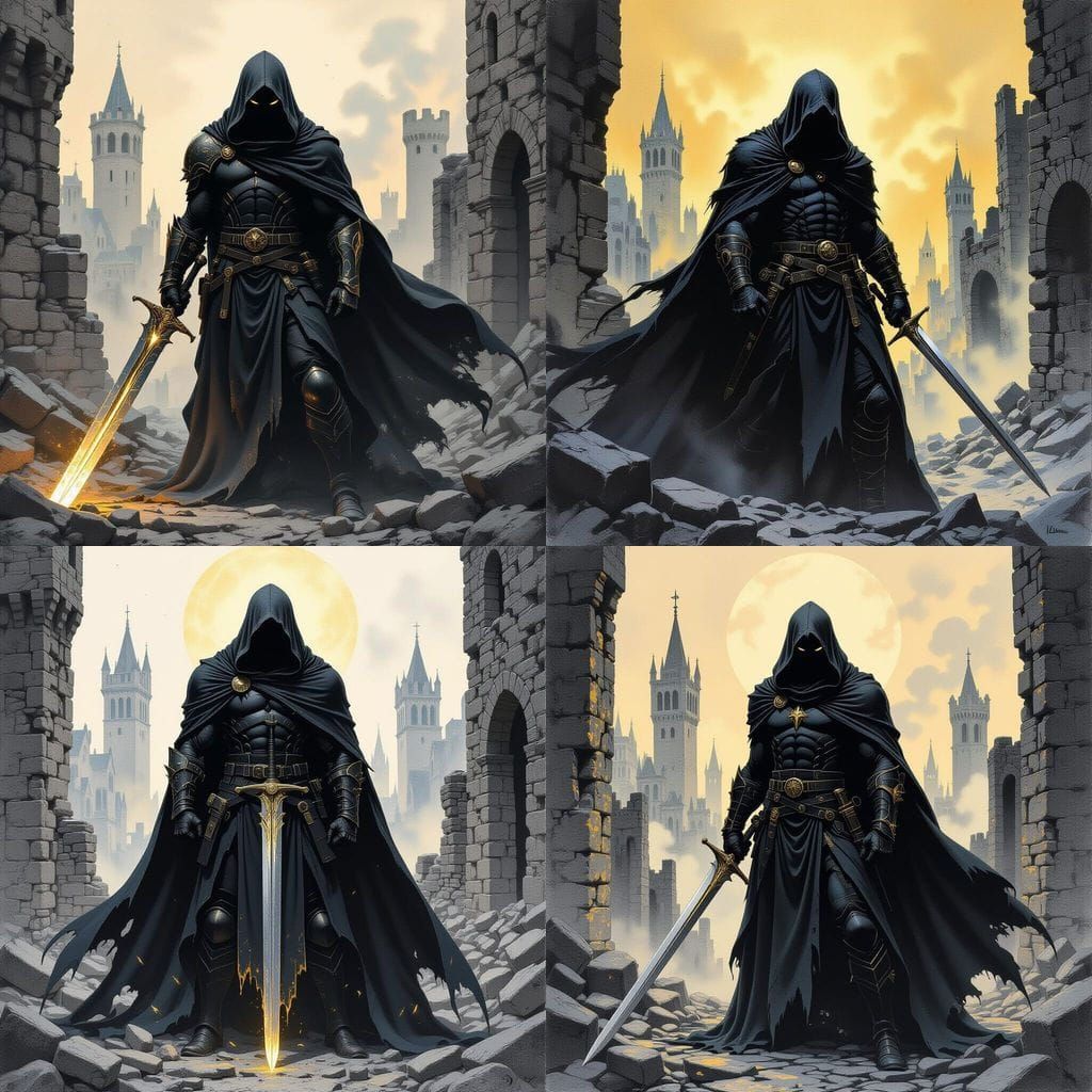 Medieval Avenger in Ruined City: Charcoal Drawing