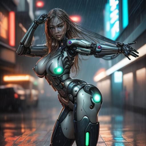 Female Cyborg Dancing in the Rain, Cyberpunk Aesthetic