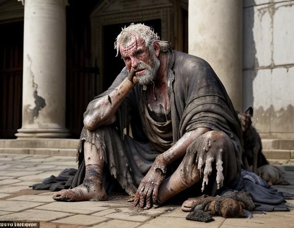 Impoverished Man and Dogs Outside Palace Gate