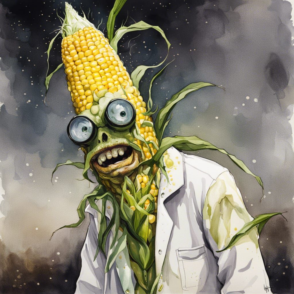 Anthropomorphic Corn Scientist in Mixed Media