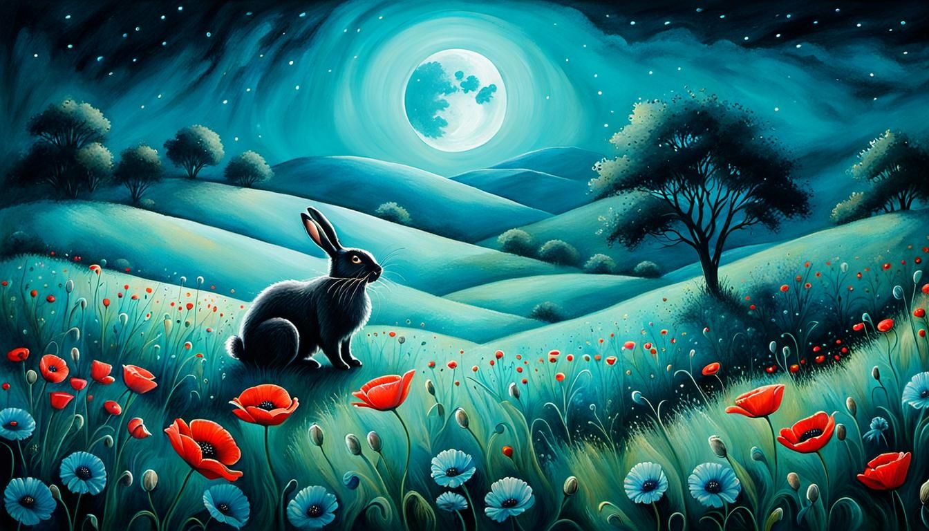 Moonlit Poppy Field with Rabbits in Romantic Style