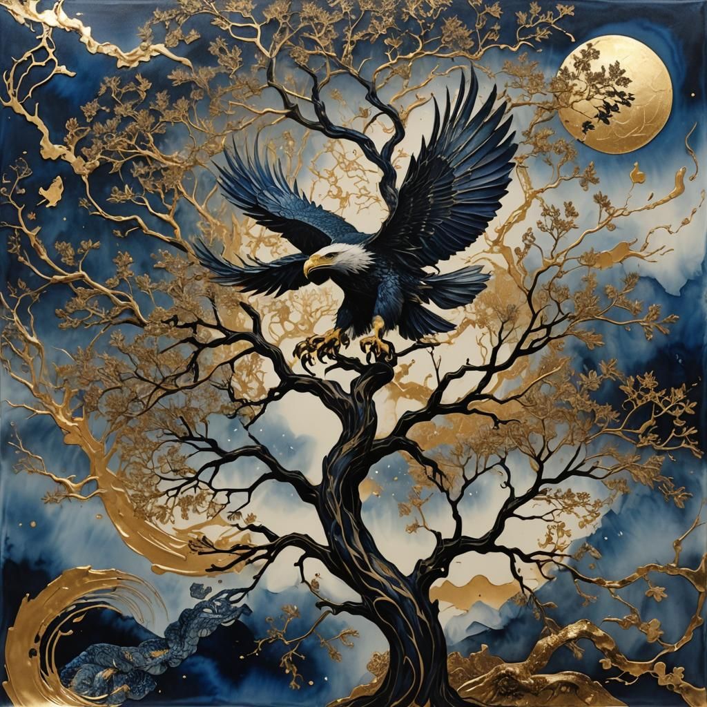 Eagle and Snake Near Crystal Tree, in Encaustic Style