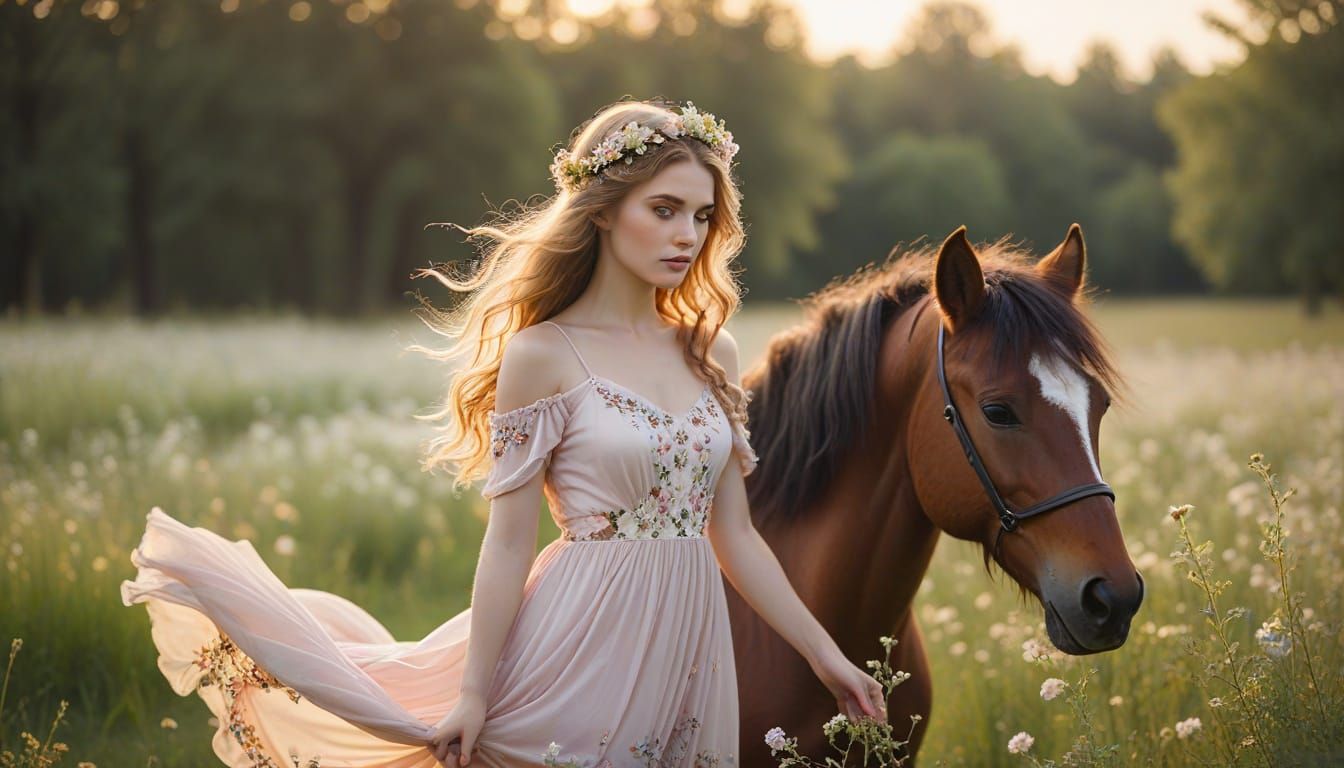 Whimsical Centaur Girl in Magical Meadow at Golden Hour