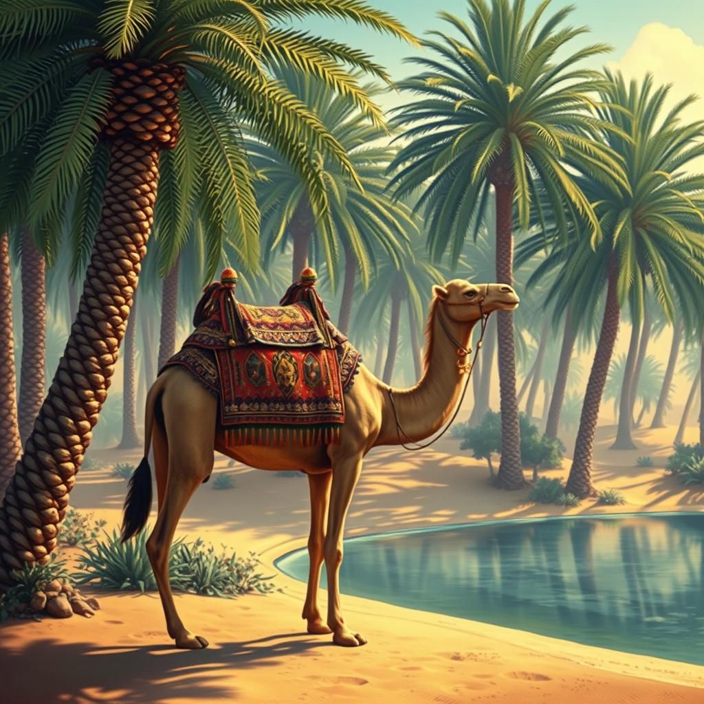 Camel at Oasis in Psychedelic Orientalist Style