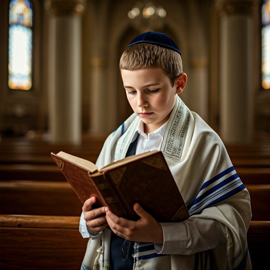 Young Orthodox Boy Praying in Synagogue, Hyperrealistic Port...