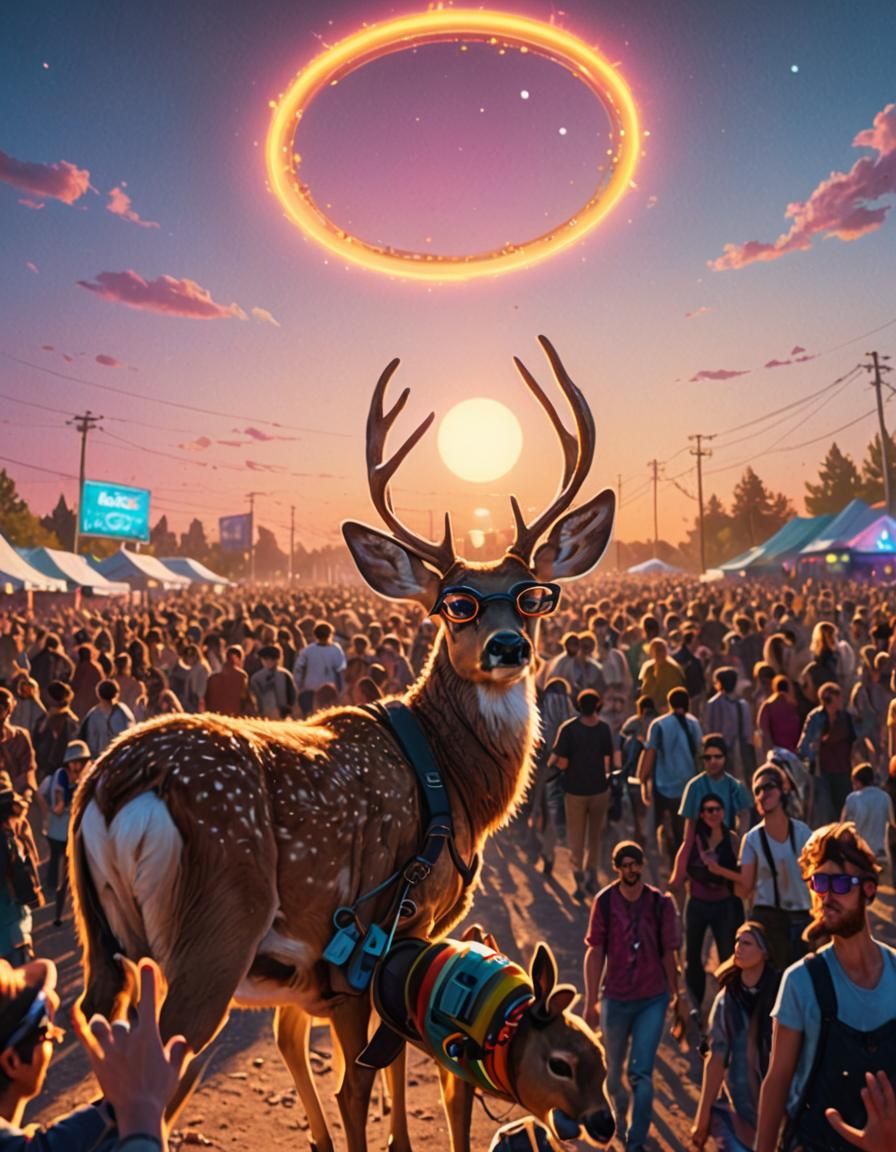 Hipster Deer at Music Festival in Neon Colors