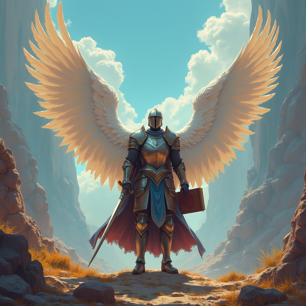 Winged Knight with Book and Sword Fantasy Art