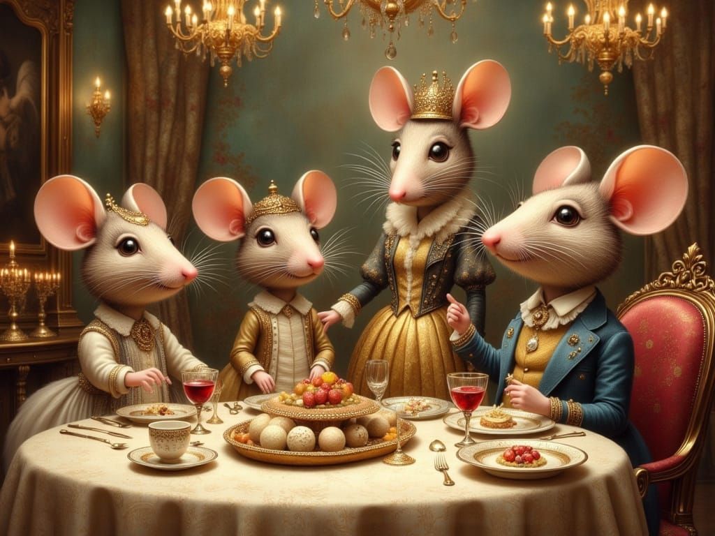 Whimsical Mice Host Fancy Dinner Party in Opulent Room