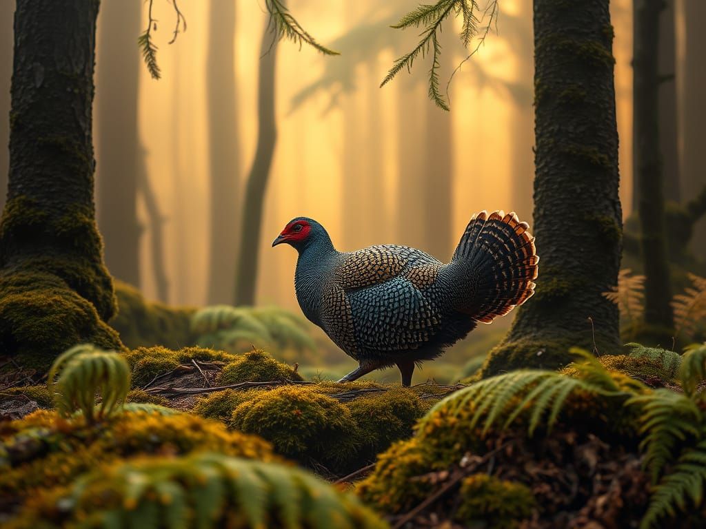 Grouse in Misty Forest, Wildlife Art