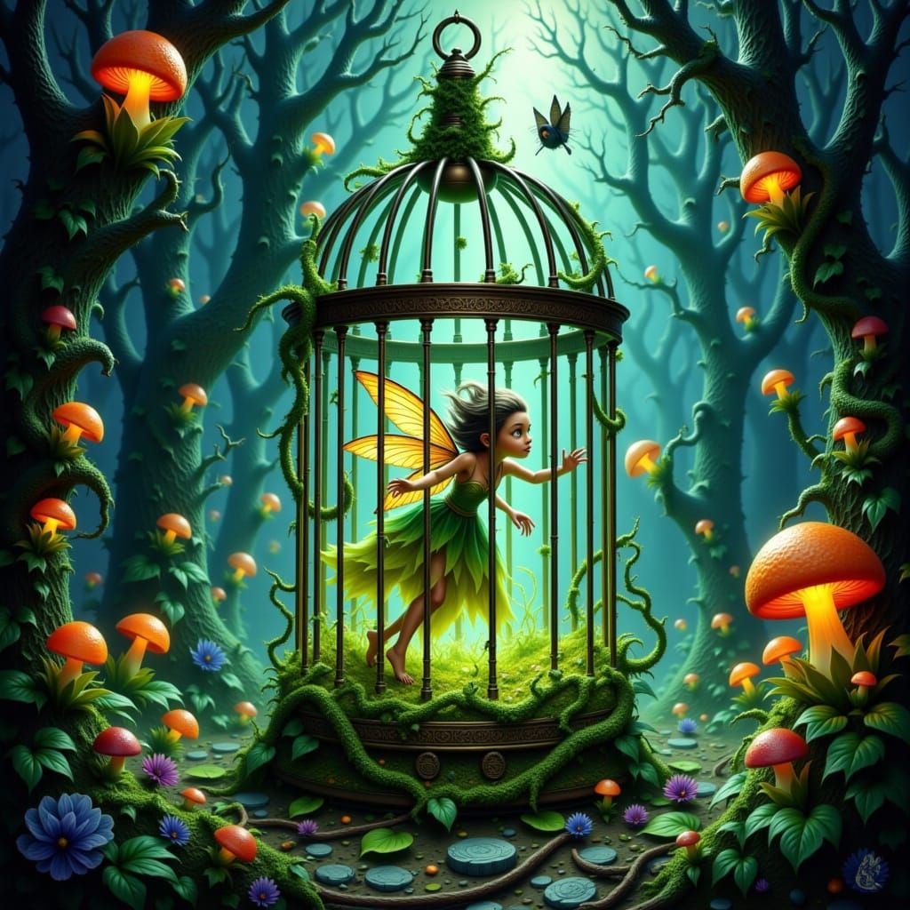 Fairy and Pet Trapped in Giant Forest Birdcage