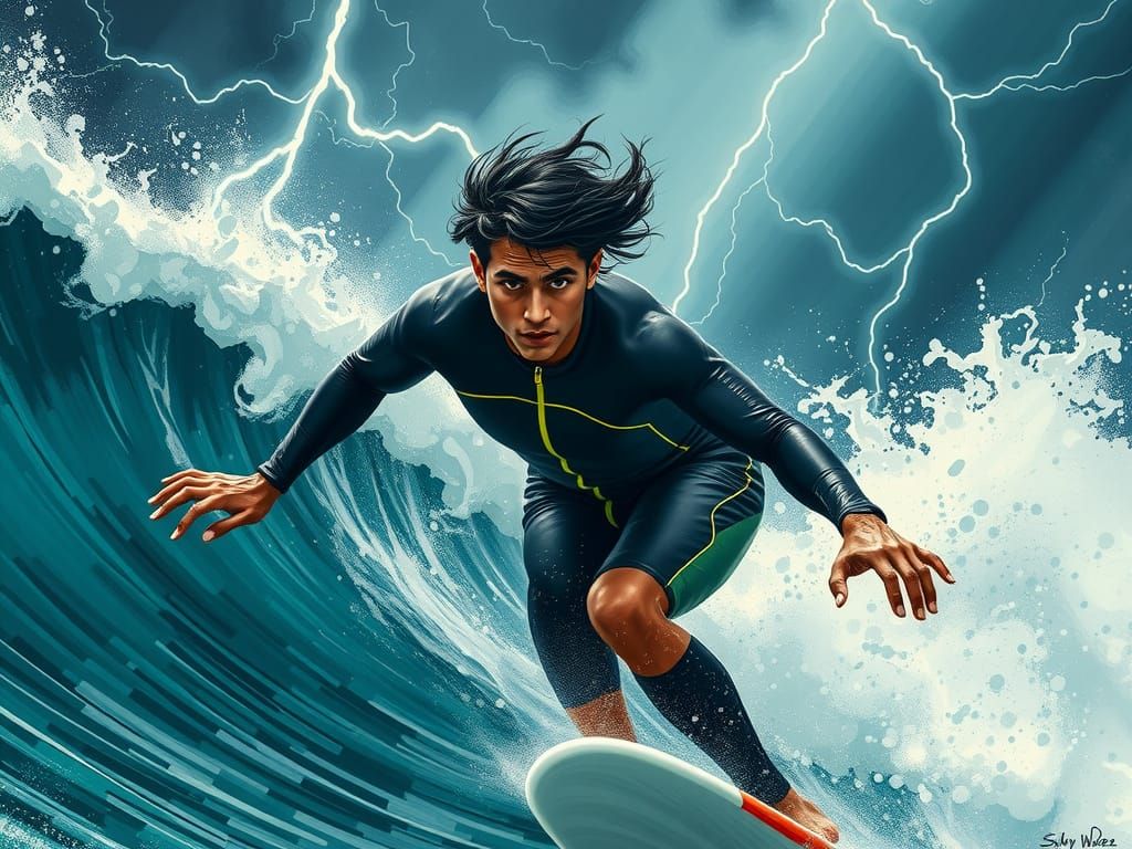 Young Mexican Surfer Rides Turbulent Wave in Stormy Seascape