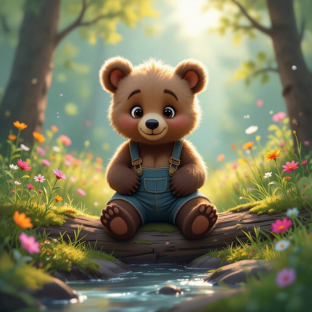 Bear Cub in Lederhosen in Sunlit Forest Clearing
