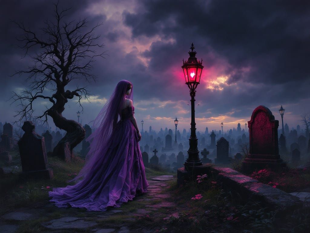 Woman in Purple Dress in Gothic Graveyard