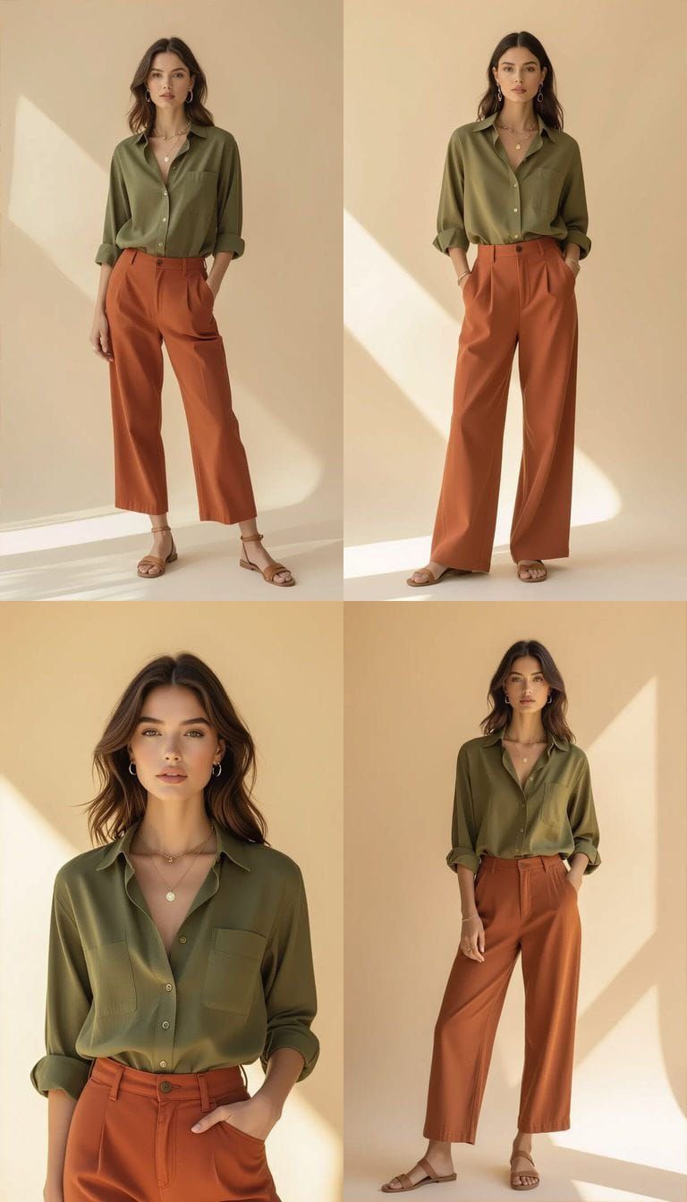 Boho Chic Fashion Model in Olive Green and Terracotta