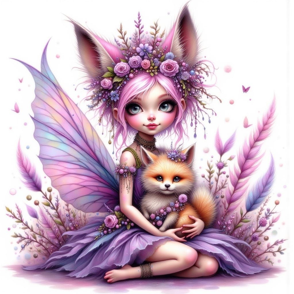 Enchanting Dryad Woman with Fox Cub, Fairy Punk Style