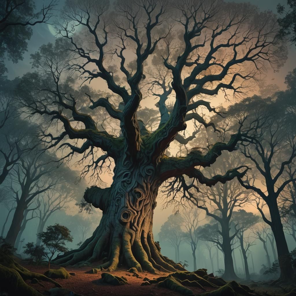 Mystical Tree in Moonlit Forest: Post-Impressionist Painting