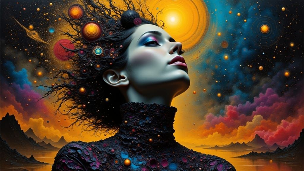 Cosmic Goddess Portrait in Technosurreal Cyberpunk Style