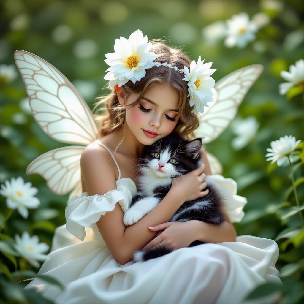 Baroque Flower Fairy with Kitten in White Garden