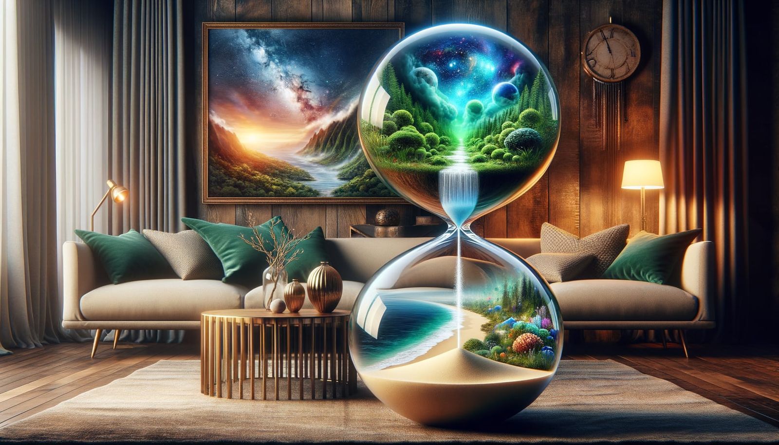 Elegant Hourglass Displays Dual Worlds: Fantasy Night Sky an...