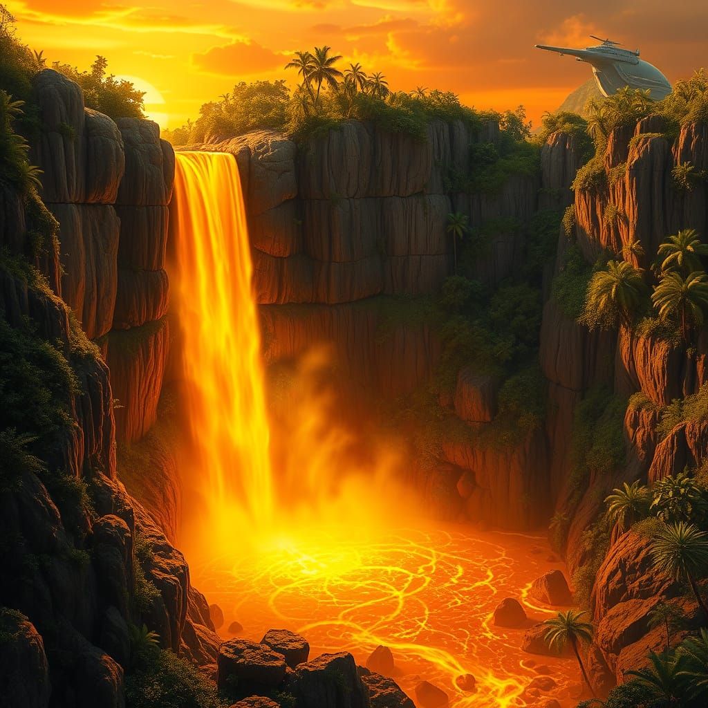 Surreal Golden Waterfall in Radiant Amber Hues