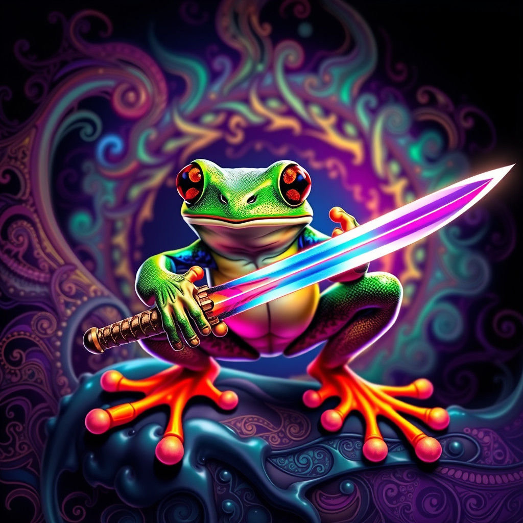 Vibrant Dart Frog Wielding Sword in Fractal Landscape