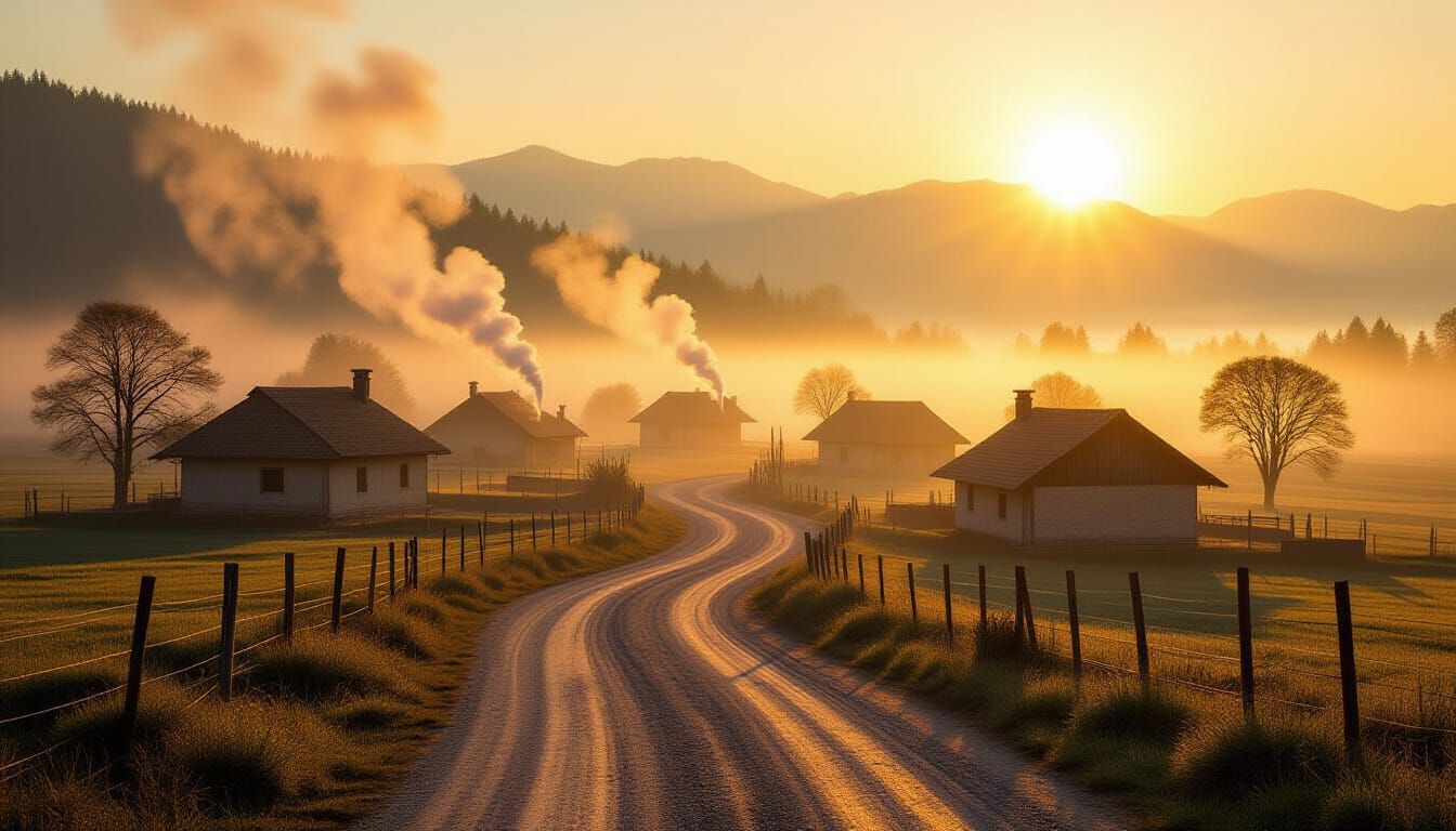 Rural Village Sunrise in Documentary Photography Style