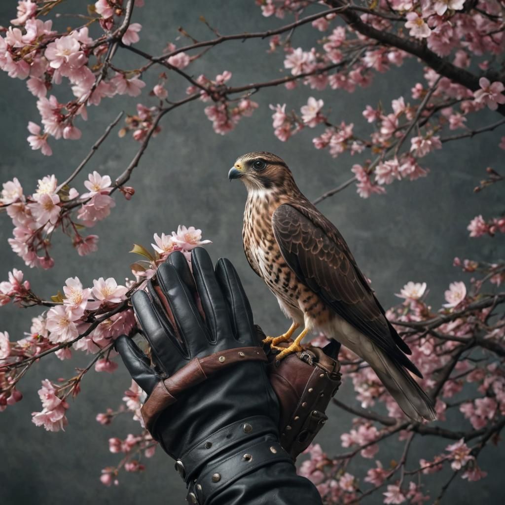 Bird of Prey on Glove with Cherry Blossoms