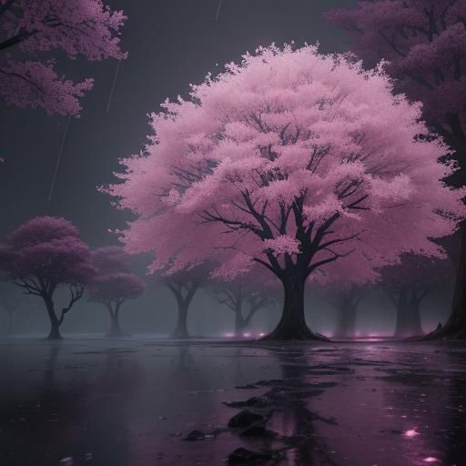 Pink Tree with Raindrops: Fantastical Digital Painting