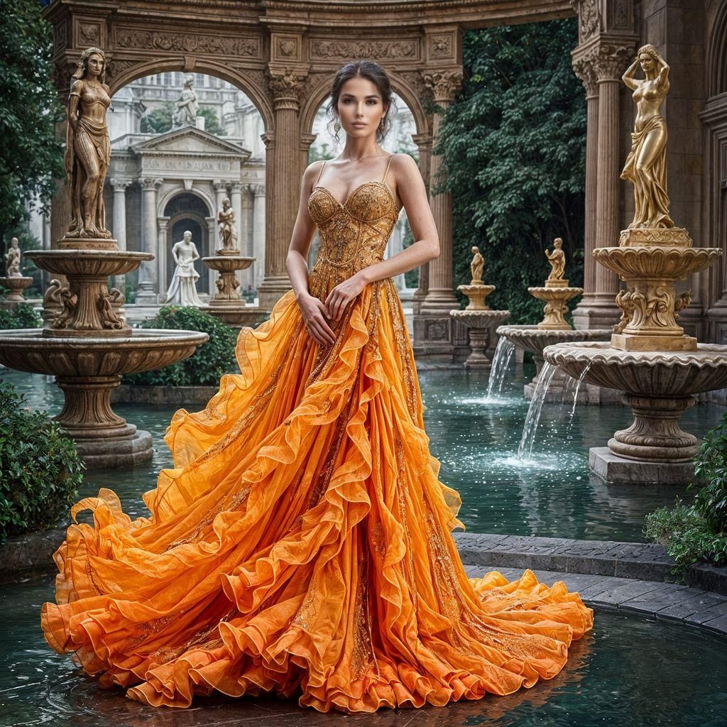 Woman in Flaming Dress in Palace Garden