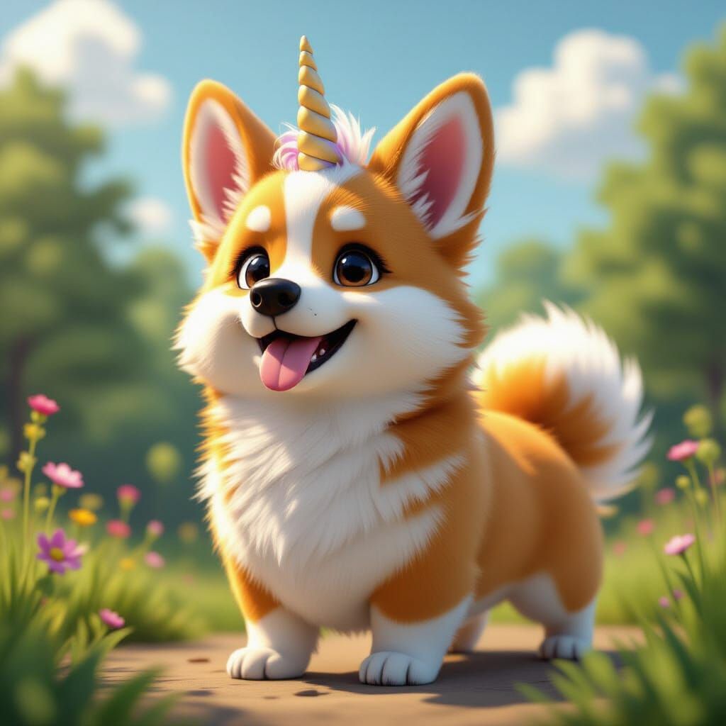 Majestic Unicorn Corgi Poses Outdoors in CGI