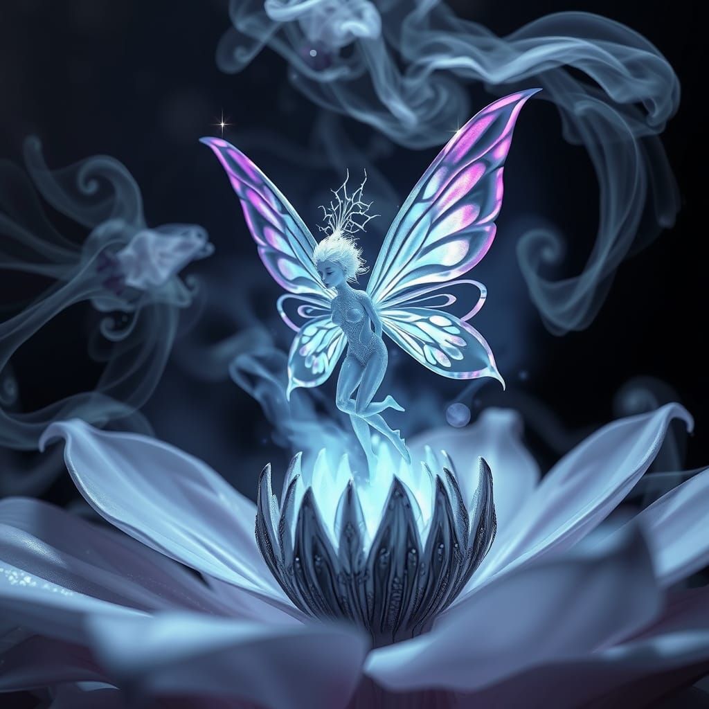 Iridescent Fairy Emerging from Biomechanical Flower