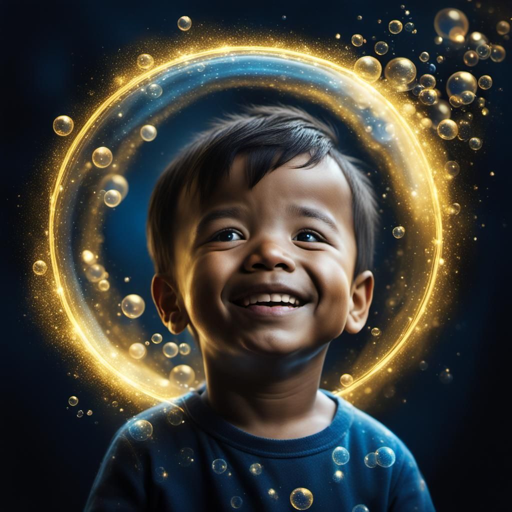 Dreamy Portrait of Boy with Illuminated Bubbles