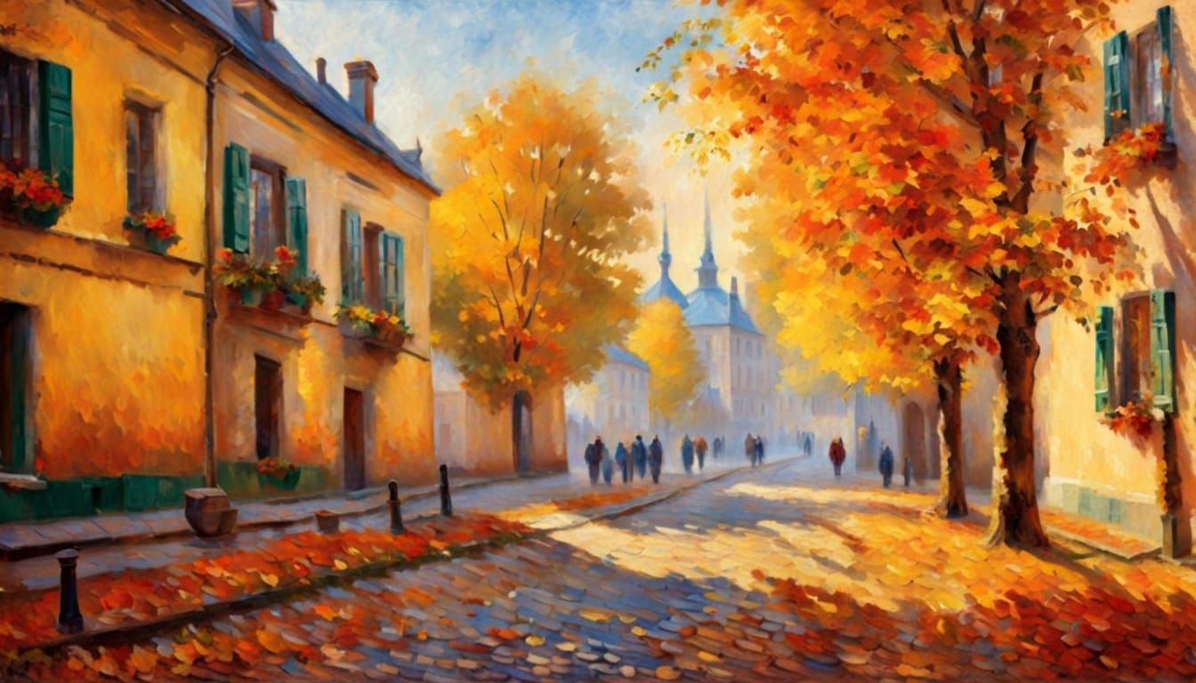 Autumn Cobblestone Street in Old Ukrainian City
