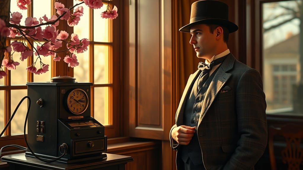 Edwardian Gentleman Attends to Telegraph Machine Amidst Cher...