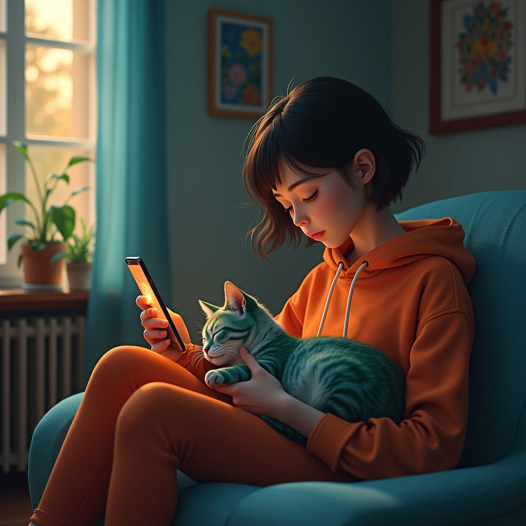 Girl with Cat in Cozy Fantasy Setting