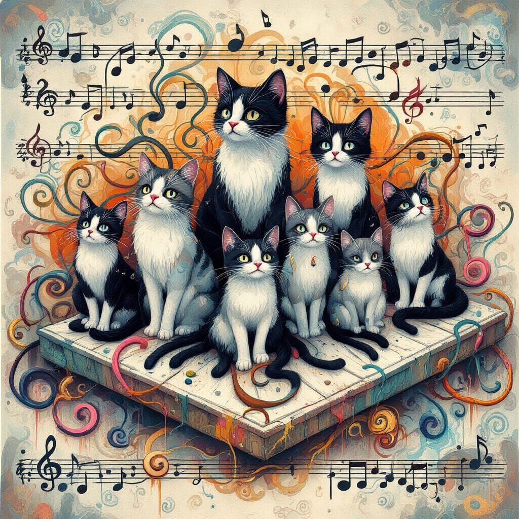 Whimsical Woman Surrounded by Mystical Cats in Dreamy Art