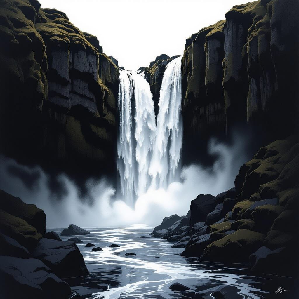 Surreal Black and White Minimalist Waterfall with Impossible...
