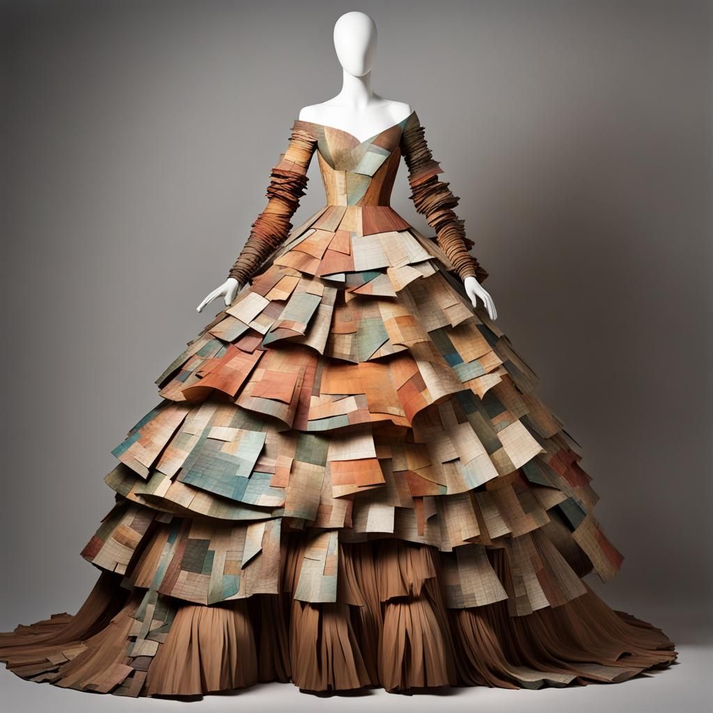 Fine Art Paper Collage :  Gypsy Tiered Ripped Paper  Ball Gown : Woodsy Color Palette : Long Flowing Sleeves : 3d Shadin...