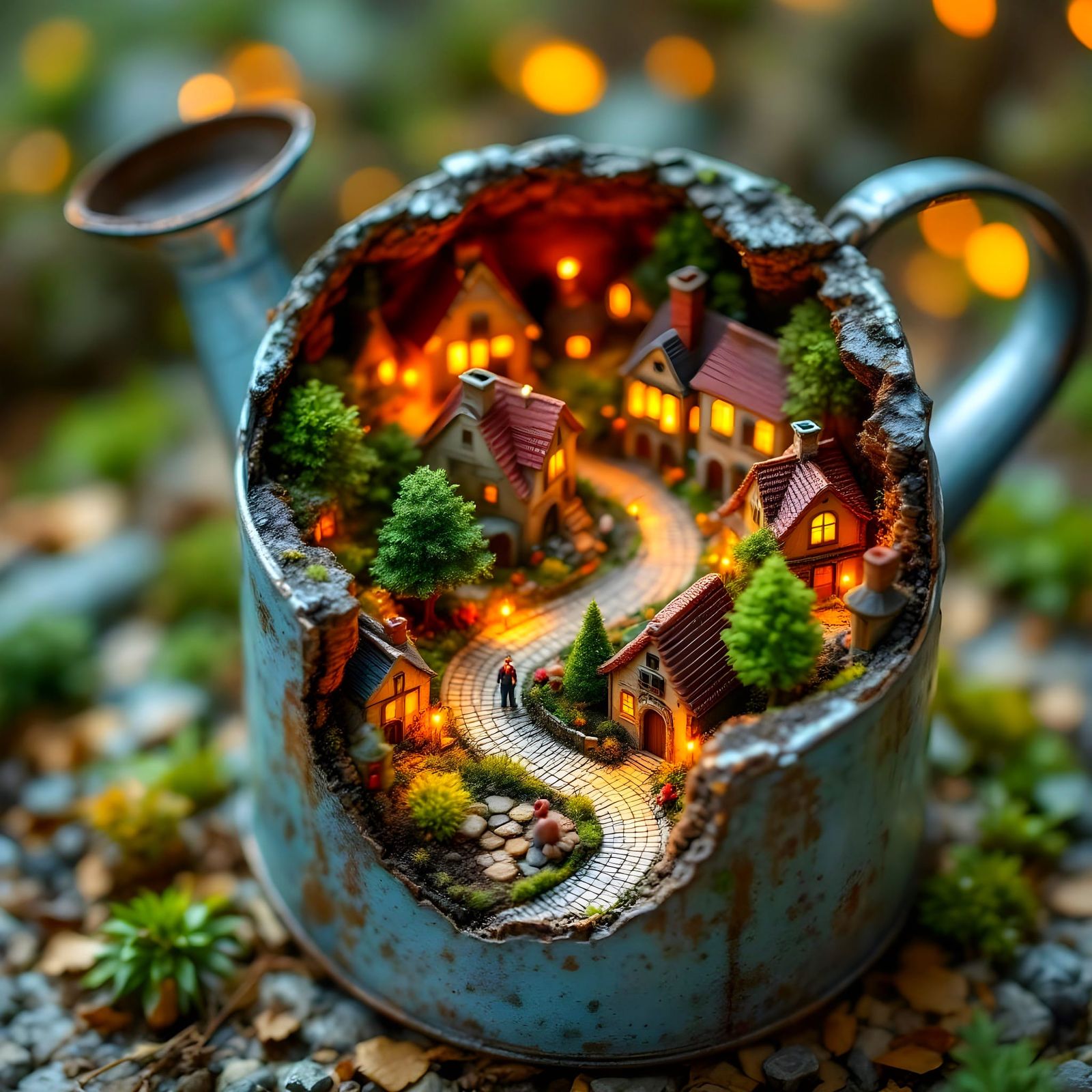 Miniature Village Inside Watering Can in Fantasy Realism