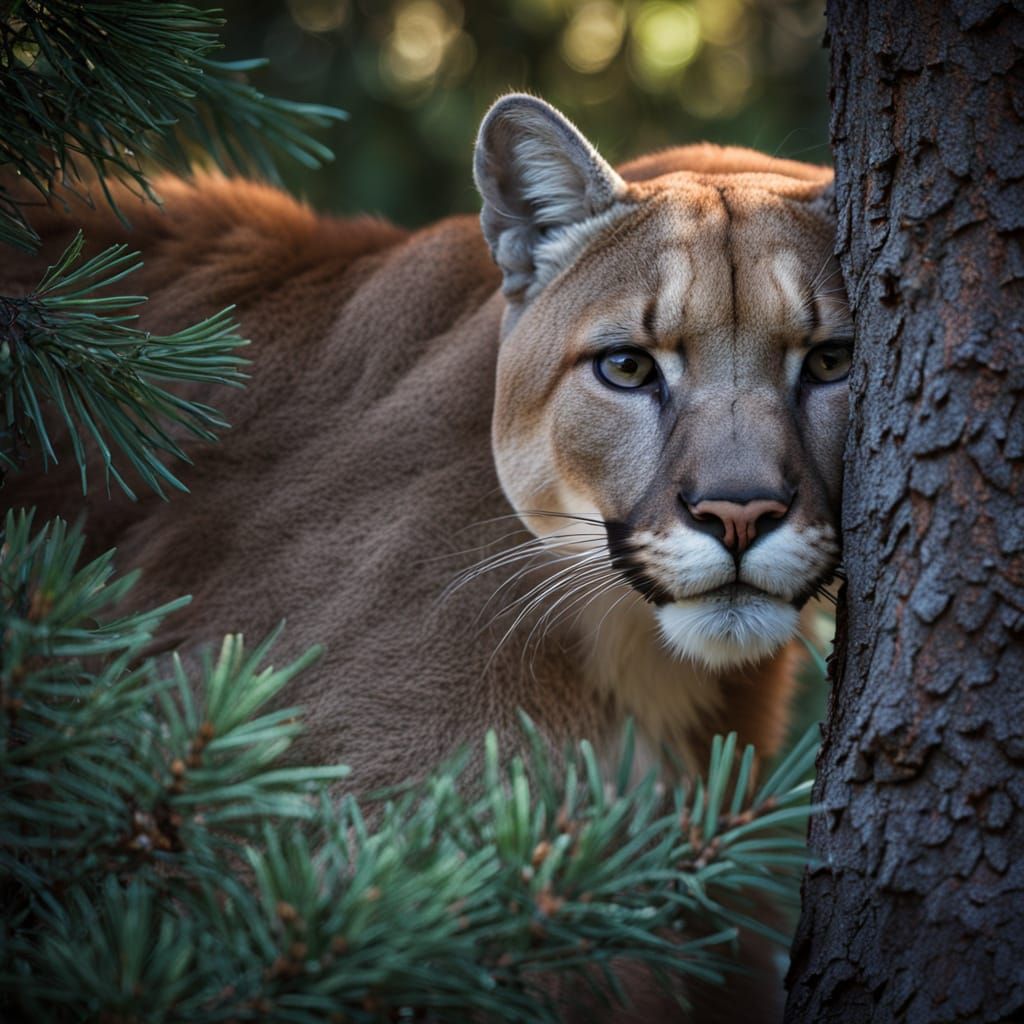 Puma Hiding Among Patagonian Pines