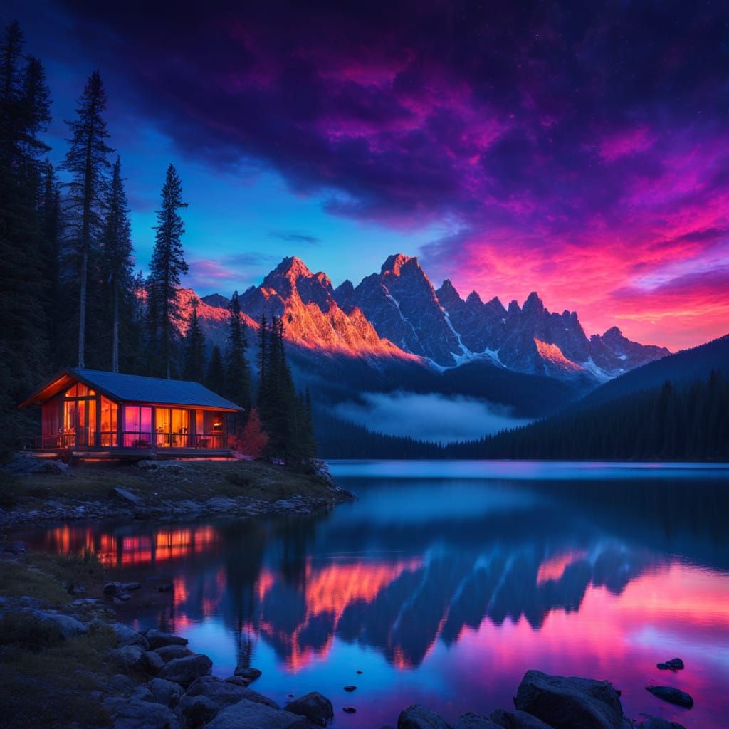 Surreal Mountains Reflect Vibrant Neon Sky