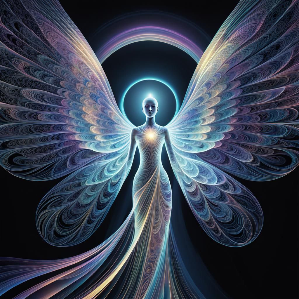 Ethereal Angel in Dimensional Void with Fractal Light