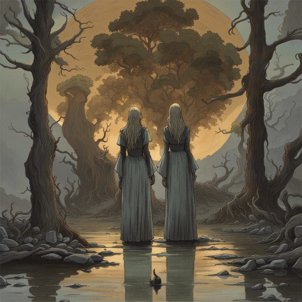 Sisters on Isolated Island in Gothic Horror Style