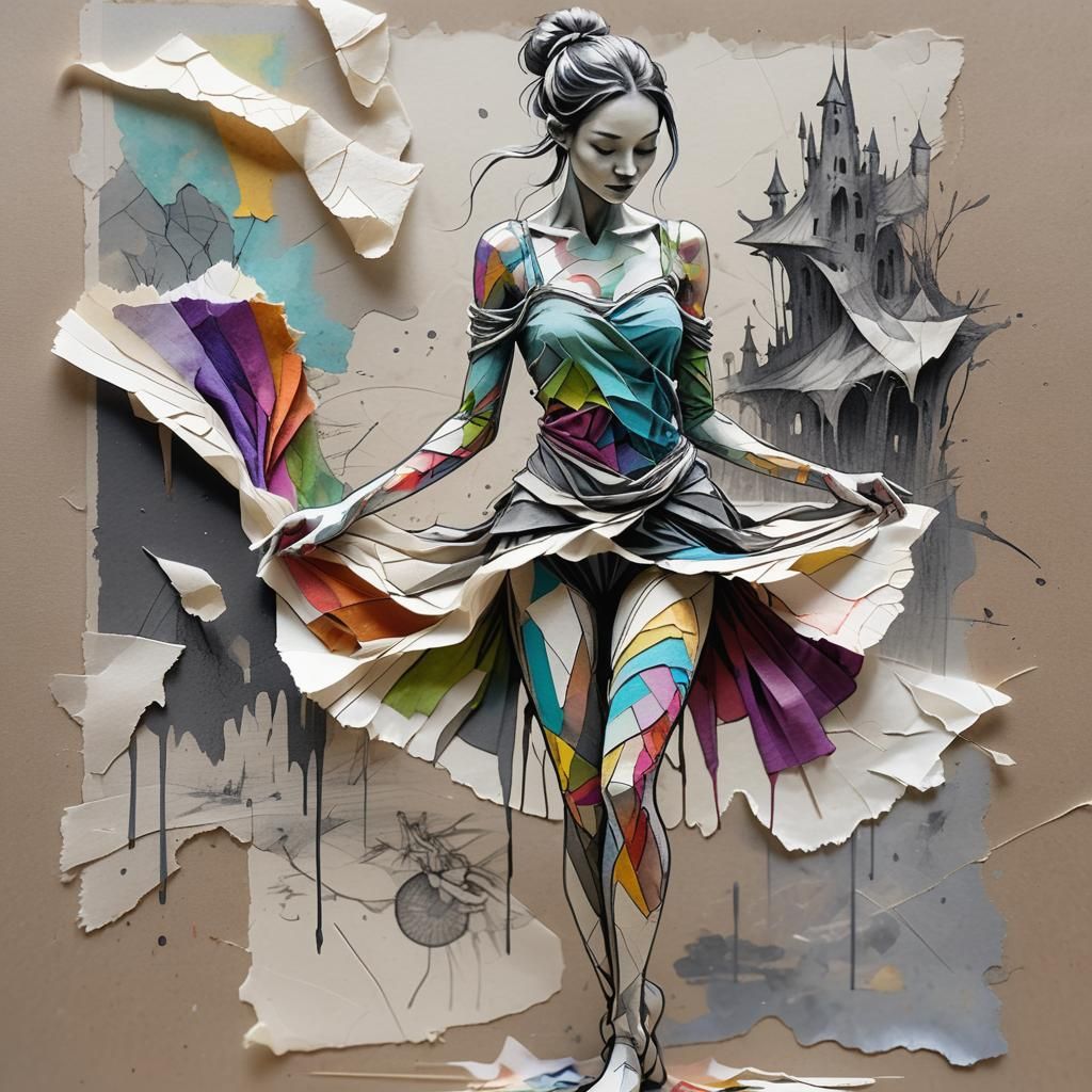 Monochrome Dreamscape with Fauvist Dancer in Mixed Media