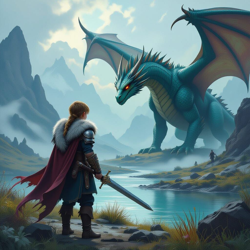 Viking Boy Discovers Dragon in Mystical Landscape